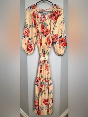 THE GREAT Cream Maxi Dress with Red Floral Print 100% Silk Size 1